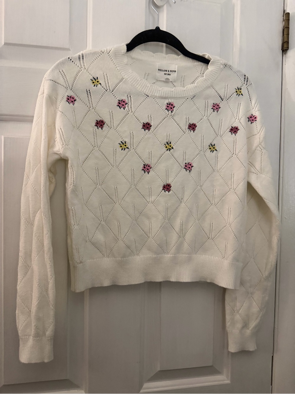 Willow & Wind Ivory Ladybug Embroidered Pointelle Sweater Women’s Large